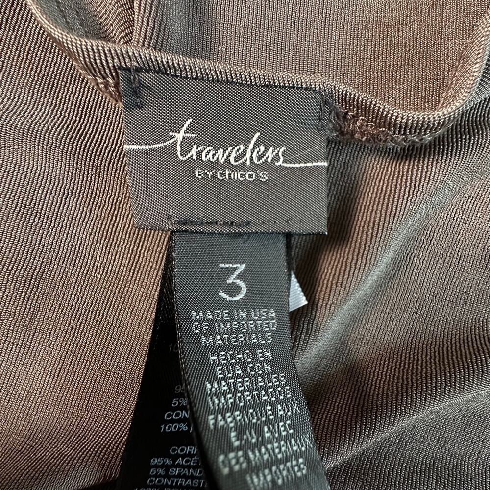 Travelers Chico’s Tunic Top 3 Brown Quiet Luxury Minimalist Lagenlook Satin Hem - Picture 4 of 9